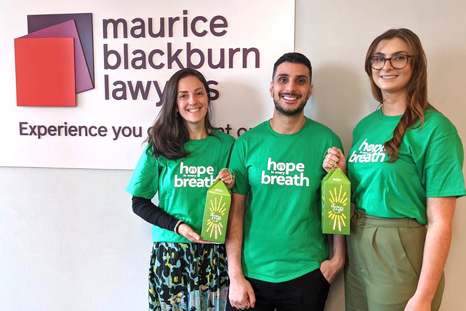 three maurice blackburn members in shine a light on lung cancer charity t-shirts