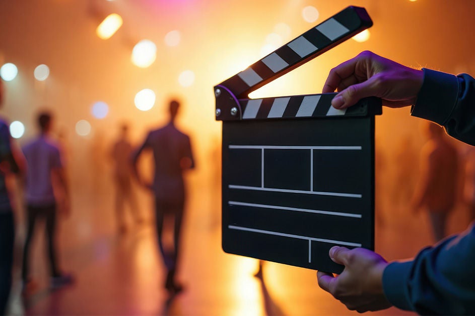 A person holds a clapper board in front of an audience, preparing to start a film scene or production.