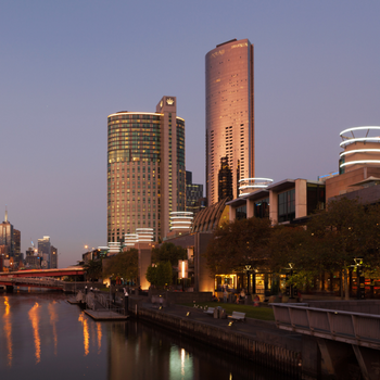 The city skyline in Melbourne at dusk showing Crown Casino