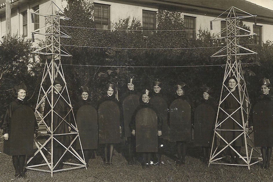 Girl guides dressed as coal briquettes, La Trobe Valley, 1930s.
