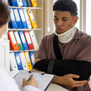 A man with a broken arm sits in a chair while a doctor examines his injury.