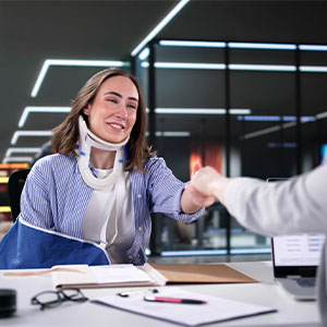 A woman wearing a neck brace shakes hands with another woman, both smiling in a supportive interaction.