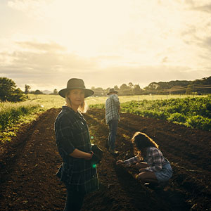 Three people working on a farm at sunset, evoking themes of family, land, and generational ties.