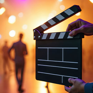 A person holds a clapper board in front of an audience, preparing to start a film scene or production.