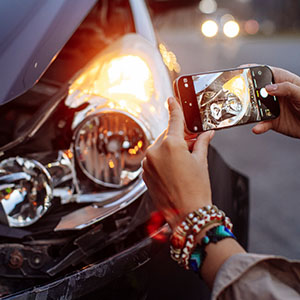 A person photographing damage to the front of a car with their smartphone after a road accident.